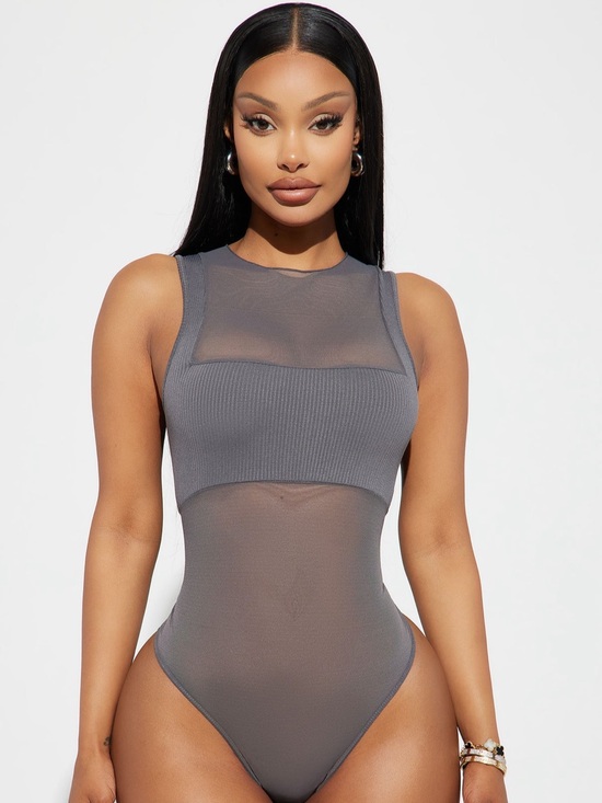 Fashion Nova Tops - Fashion Nova Gray Sheer Ribbed Tank Bodysuit